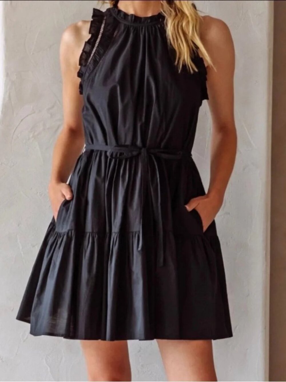 NWT Skies Are Blue Black Poplin Ruffle Tie Waist Mini Dress size M